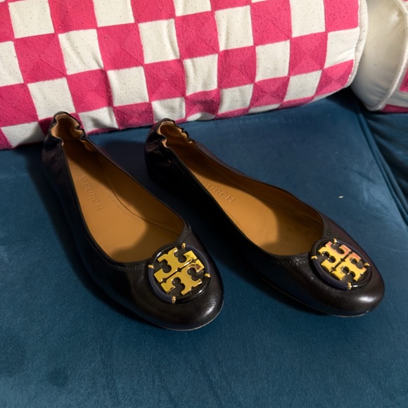 Tory Burch Gold Multi Logo Ballet Flat - Perfect Black - Size 11 - Picture 2 of 9